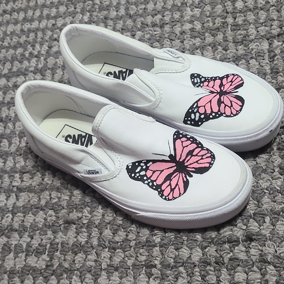 Vans Shoes - Vans White Slip-On Sneakers‎ Hand Painted Pink Butterfly Design 7